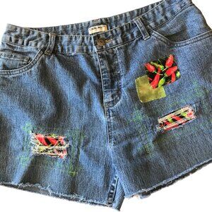 Upcycled Denim Ripped Jean Cutoff Shorts, Chili Peppers Theme, Women’s Size 6